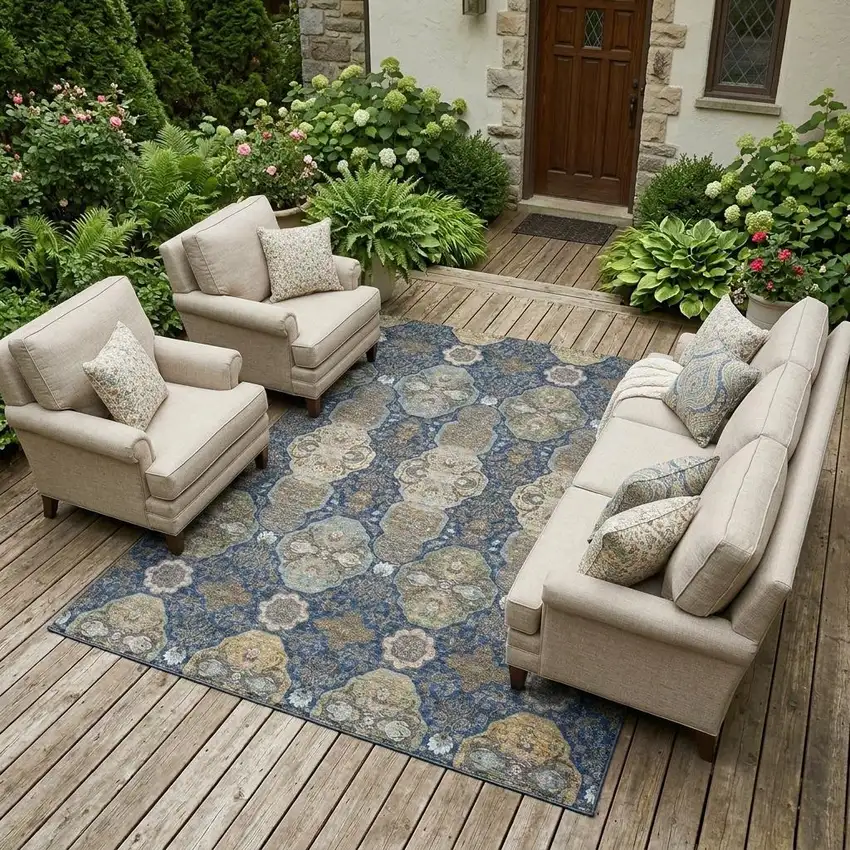 Navy Blue And Gray Floral Washable Indoor Outdoor Area Rug Photo 1