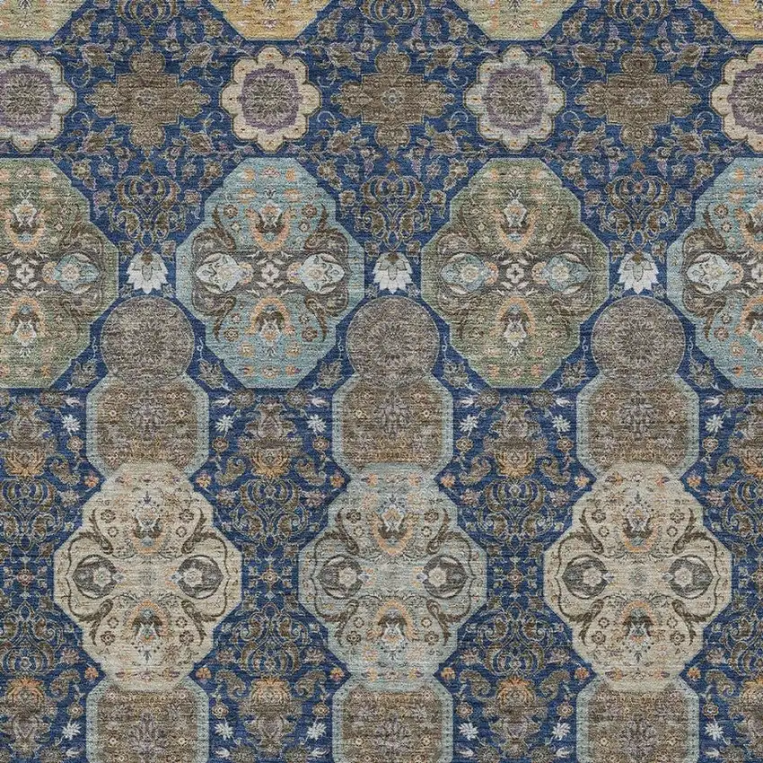 Navy Blue And Gray Floral Washable Indoor Outdoor Area Rug Photo 3