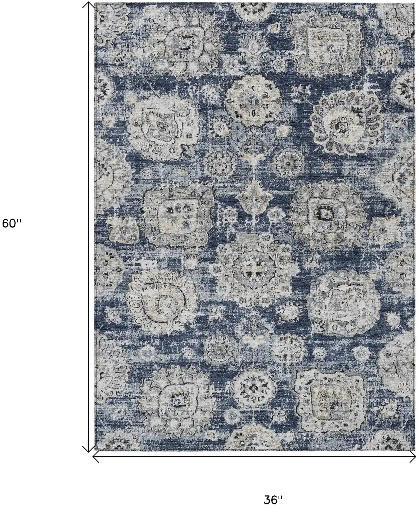 Navy Blue And Gray Floral Washable Indoor Outdoor Area Rug Photo 3