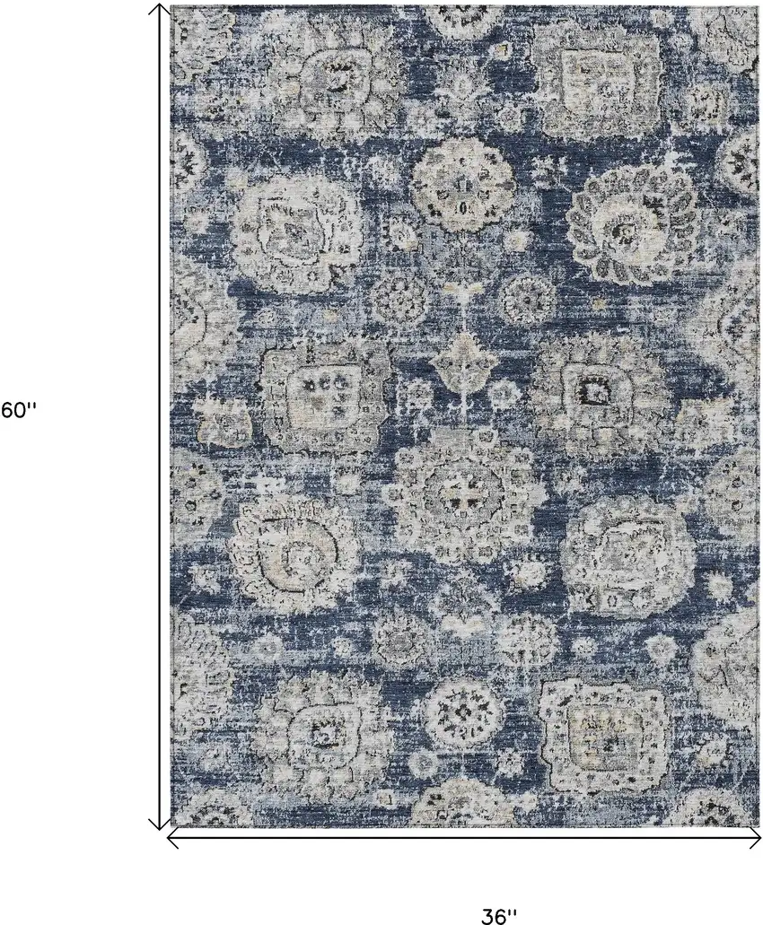 Navy Blue And Gray Floral Washable Indoor Outdoor Area Rug Photo 3