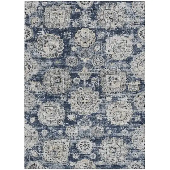 Navy Blue And Gray Floral Washable Indoor Outdoor Area Rug Photo 5