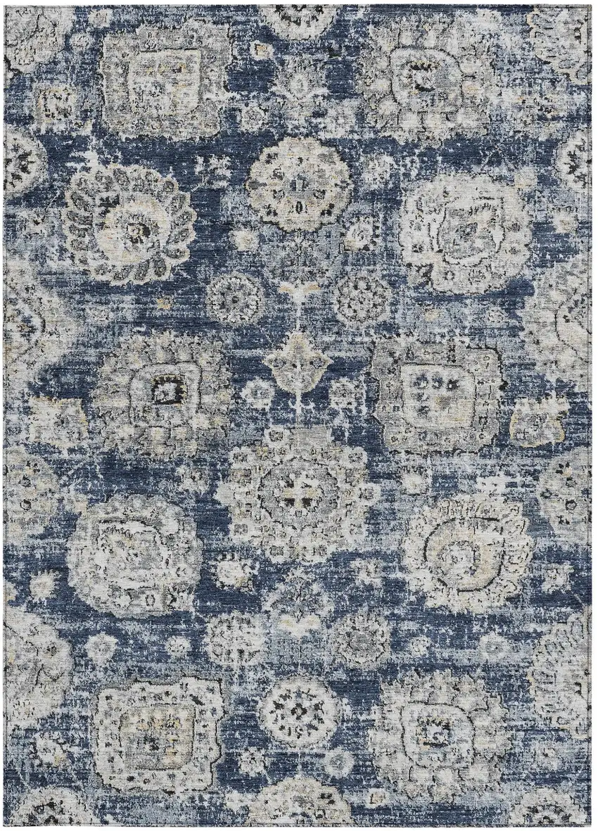 Navy Blue And Gray Floral Washable Indoor Outdoor Area Rug Photo 5