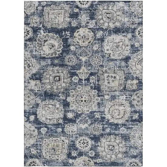 Navy Blue And Gray Floral Washable Indoor Outdoor Area Rug Photo 5