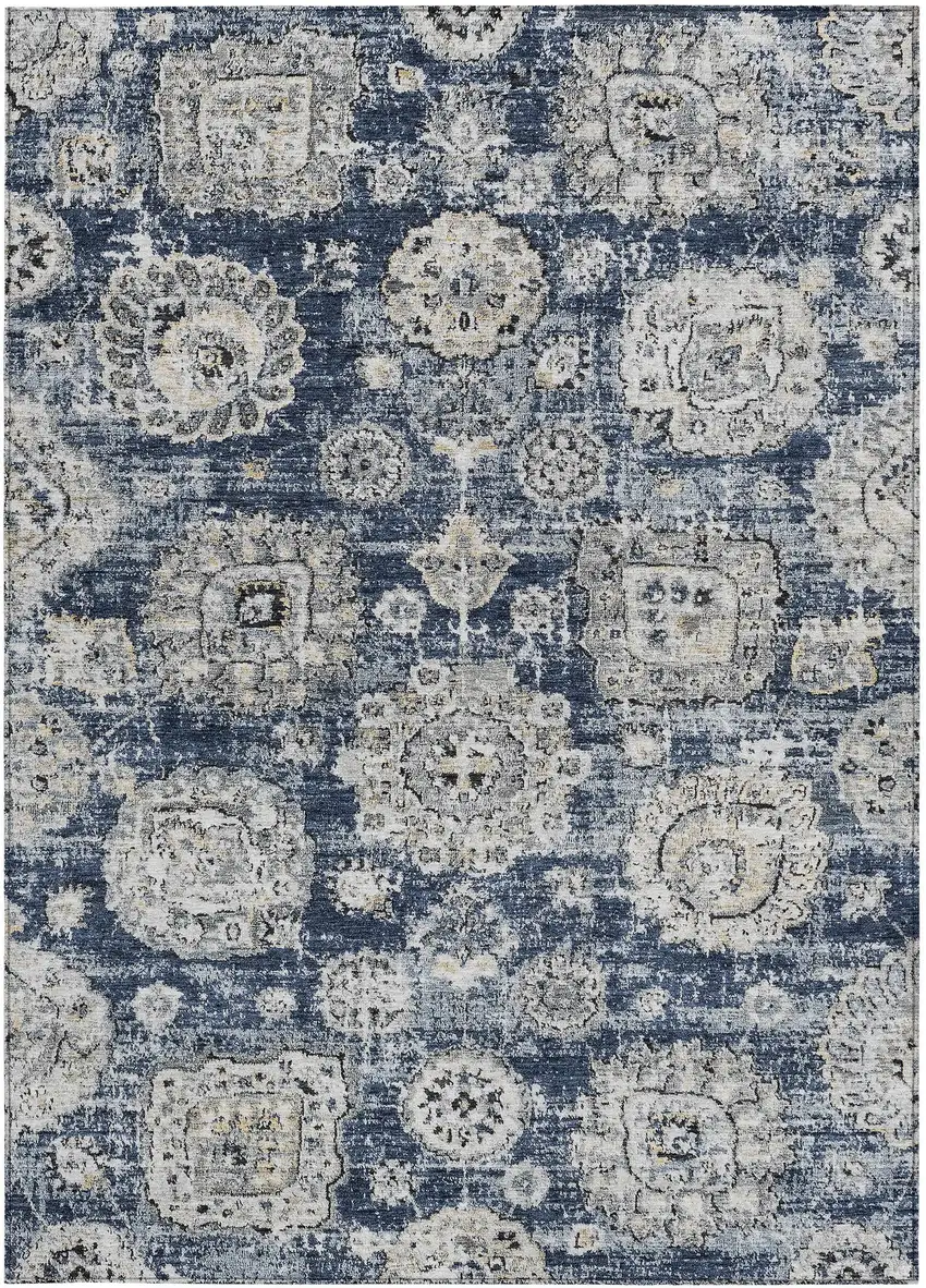 Navy Blue And Gray Floral Washable Indoor Outdoor Area Rug Photo 5