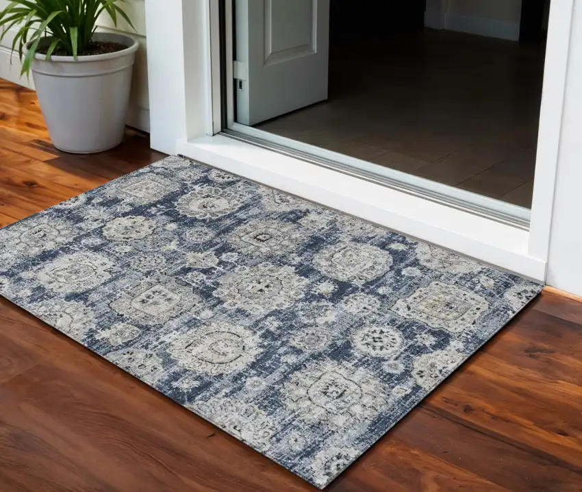 Navy Blue And Gray Floral Washable Indoor Outdoor Area Rug Photo 1