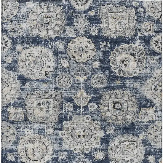 Navy Blue And Gray Floral Washable Indoor Outdoor Area Rug Photo 5