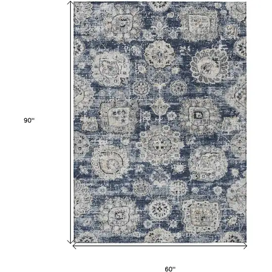 Navy Blue And Gray Floral Washable Indoor Outdoor Area Rug Photo 3