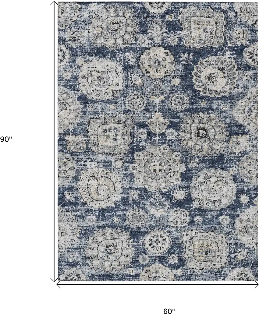 Navy Blue And Gray Floral Washable Indoor Outdoor Area Rug Photo 3