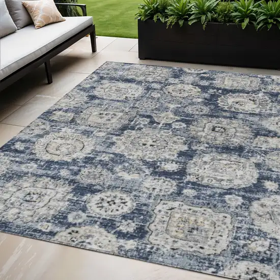 Navy Blue And Gray Floral Washable Indoor Outdoor Area Rug Photo 1