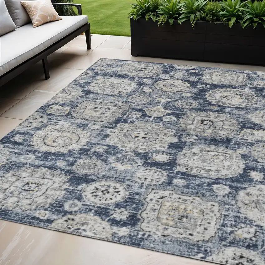 Navy Blue And Gray Floral Washable Indoor Outdoor Area Rug Photo 1