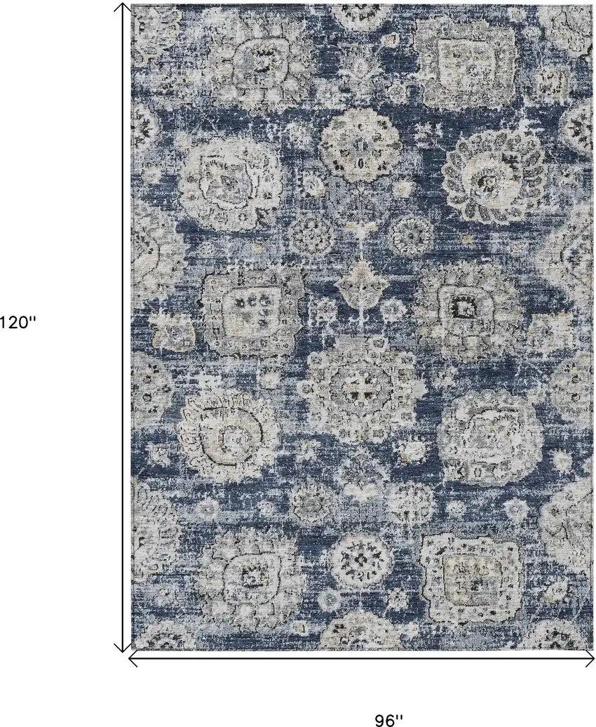 Navy Blue And Gray Floral Washable Indoor Outdoor Area Rug Photo 3