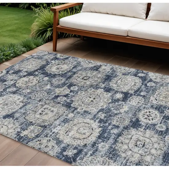 Navy Blue And Gray Floral Washable Indoor Outdoor Area Rug Photo 1