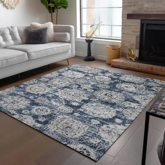 Navy Blue And Gray Floral Washable Indoor Outdoor Area Rug Photo 8