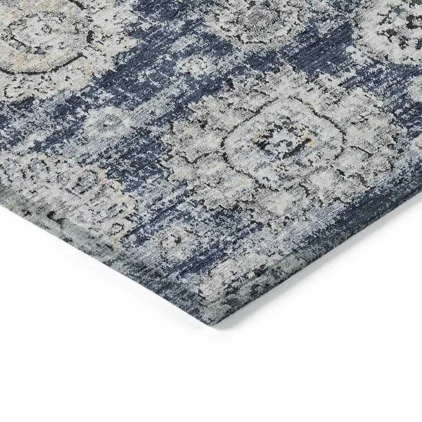 Navy Blue And Gray Floral Washable Indoor Outdoor Area Rug Photo 3