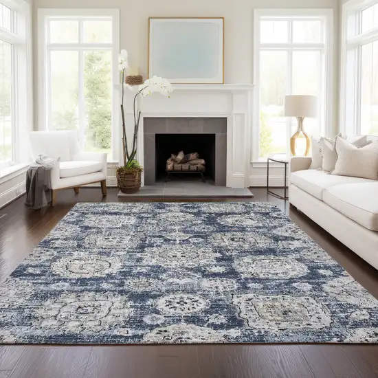 Navy Blue And Gray Floral Washable Indoor Outdoor Area Rug Photo 7