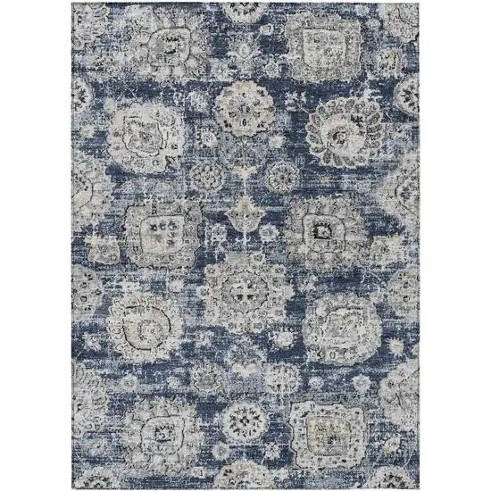 Navy Blue And Gray Floral Washable Indoor Outdoor Area Rug Photo 1