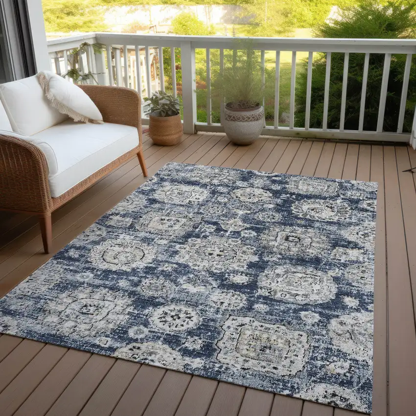 Navy Blue And Gray Floral Washable Indoor Outdoor Area Rug Photo 6