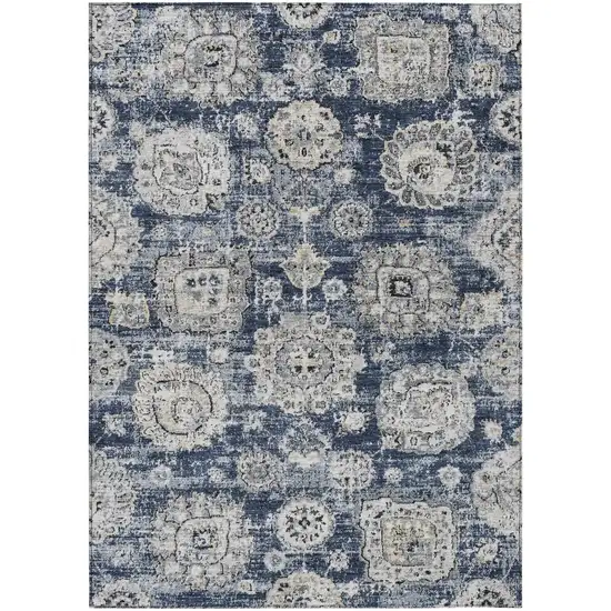 Navy Blue And Gray Floral Washable Indoor Outdoor Area Rug Photo 2