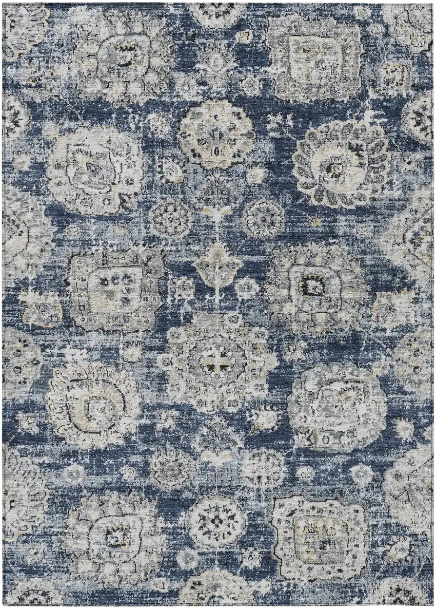 Navy Blue And Gray Floral Washable Indoor Outdoor Area Rug Photo 2