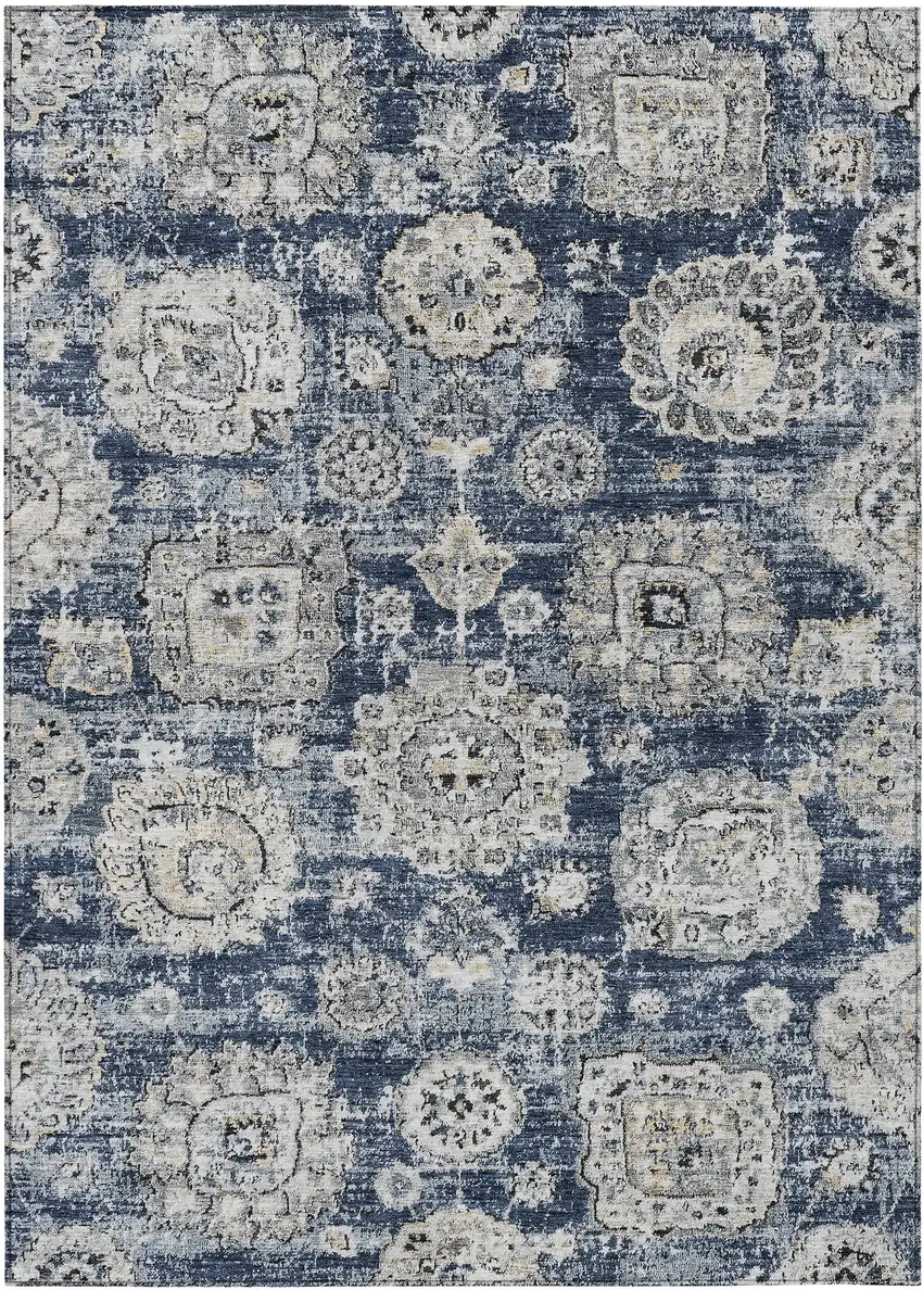 Navy Blue And Gray Floral Washable Indoor Outdoor Area Rug Photo 2