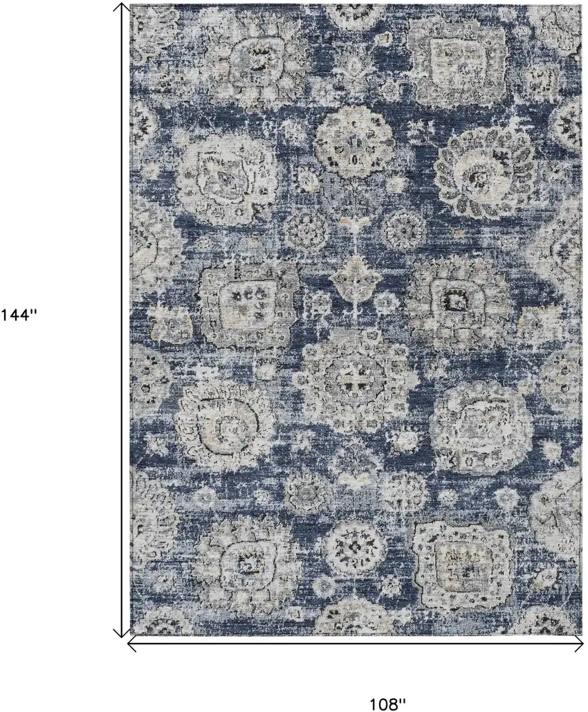 Navy Blue And Gray Floral Washable Indoor Outdoor Area Rug Photo 3