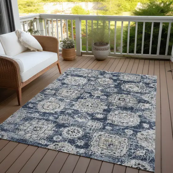 Navy Blue And Gray Floral Washable Indoor Outdoor Area Rug Photo 9