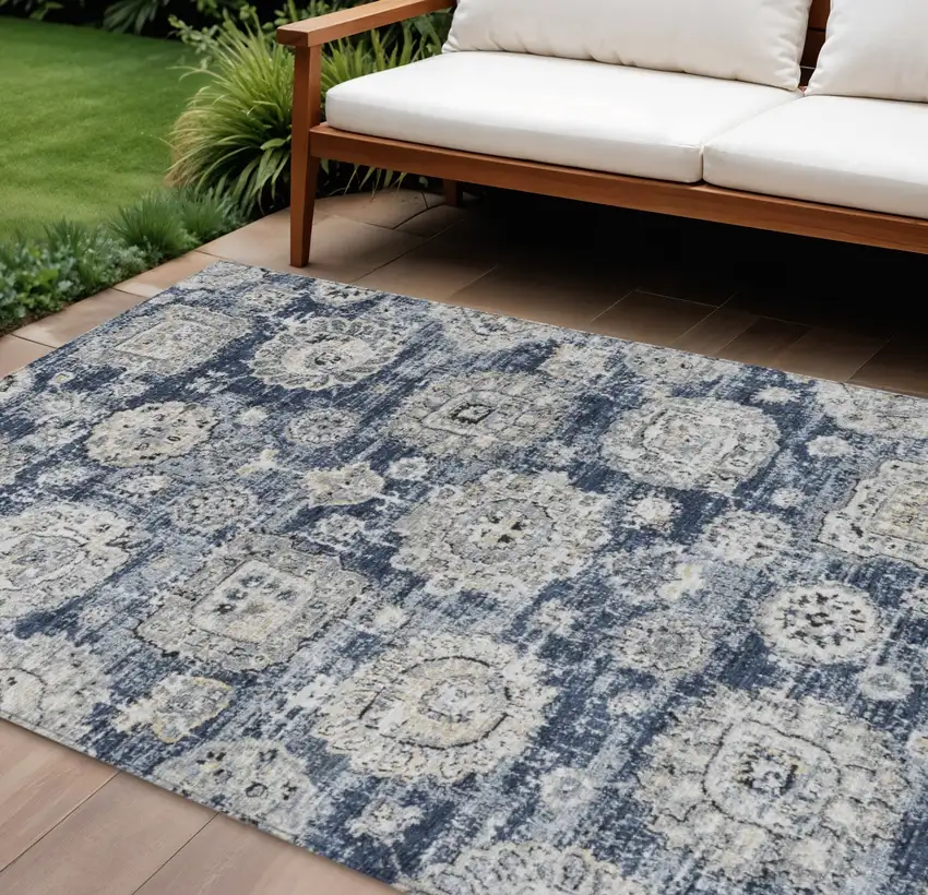 Navy Blue And Gray Floral Washable Indoor Outdoor Area Rug Photo 1