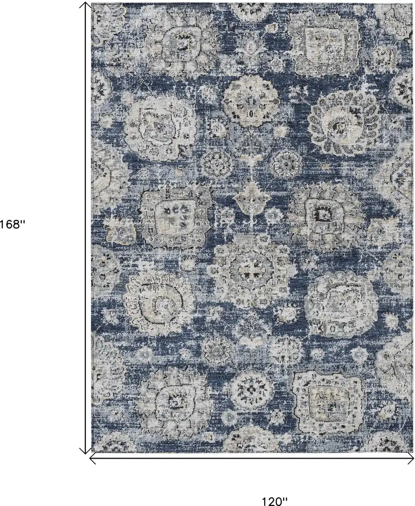 Navy Blue And Gray Floral Washable Indoor Outdoor Area Rug Photo 3