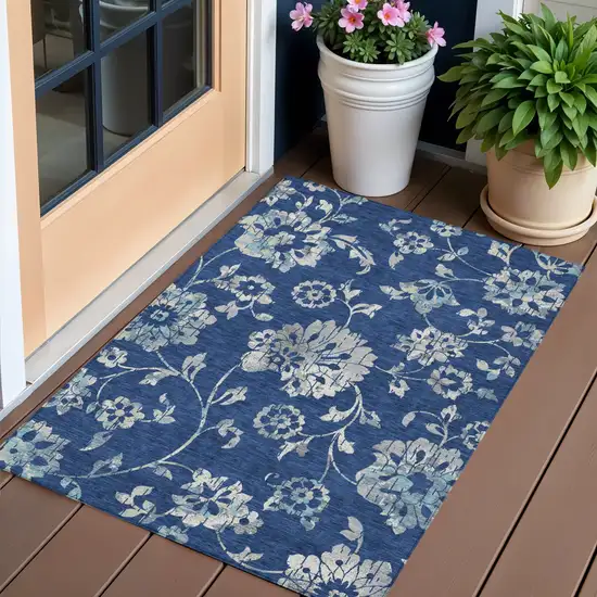 Navy Blue And Gray Floral Washable Indoor Outdoor Area Rug Photo 1