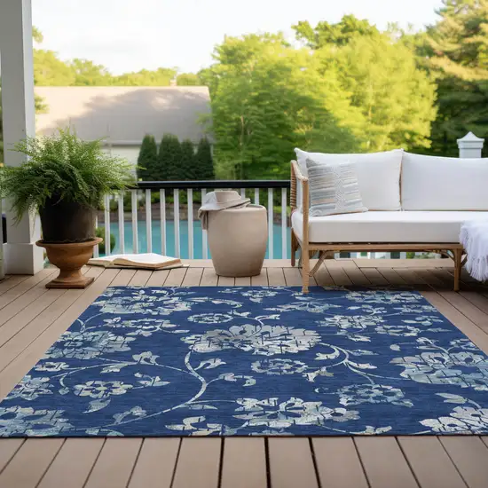 Navy Blue And Gray Floral Washable Indoor Outdoor Area Rug Photo 9