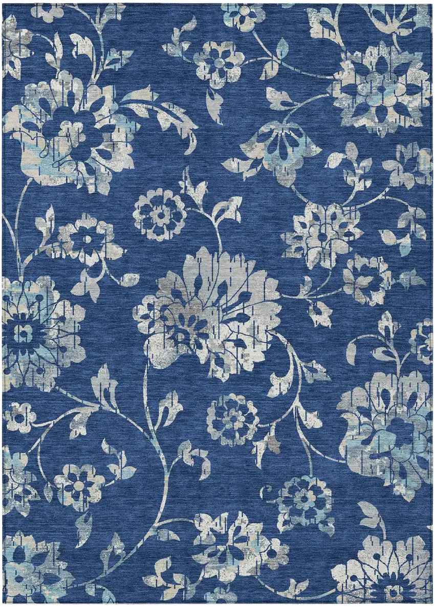 Navy Blue And Gray Floral Washable Indoor Outdoor Area Rug Photo 2