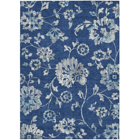 Navy Blue And Gray Floral Washable Indoor Outdoor Area Rug Photo 6