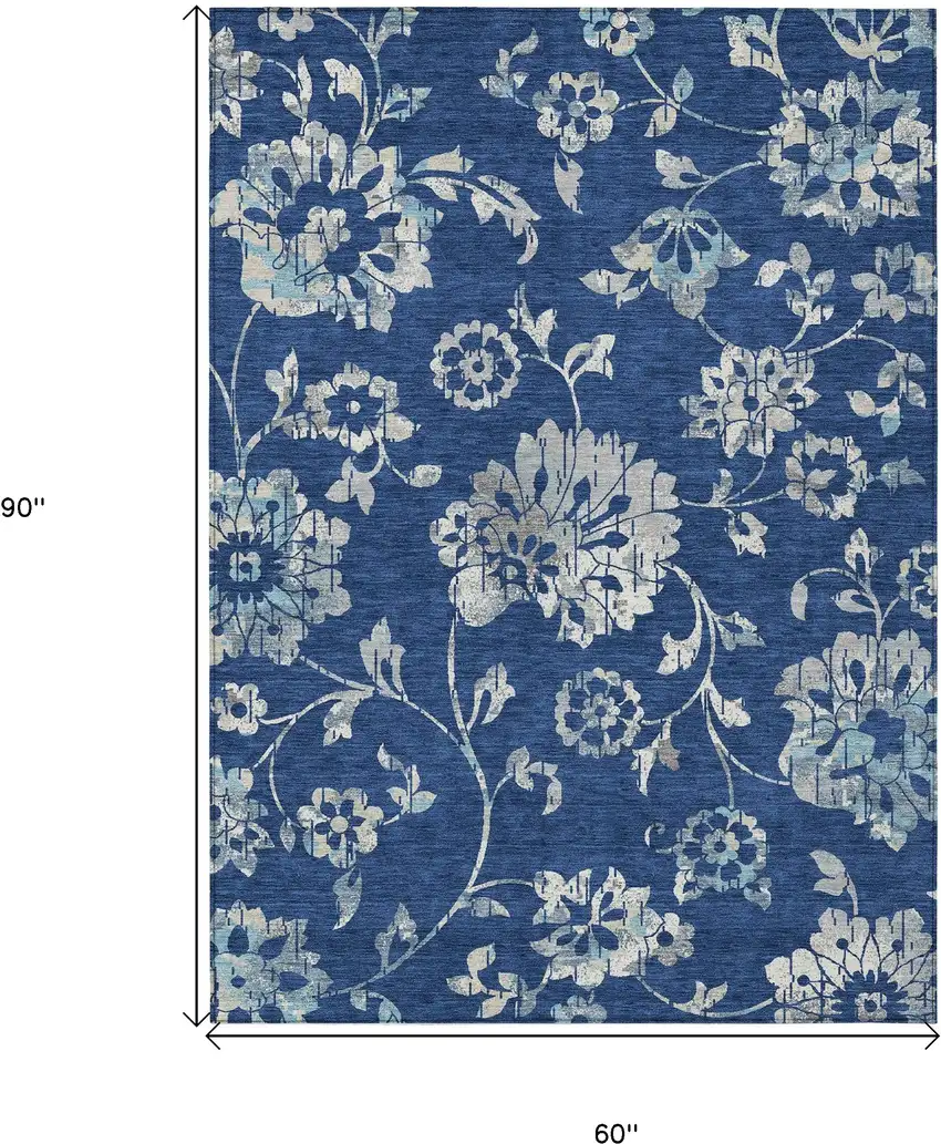 Navy Blue And Gray Floral Washable Indoor Outdoor Area Rug Photo 3