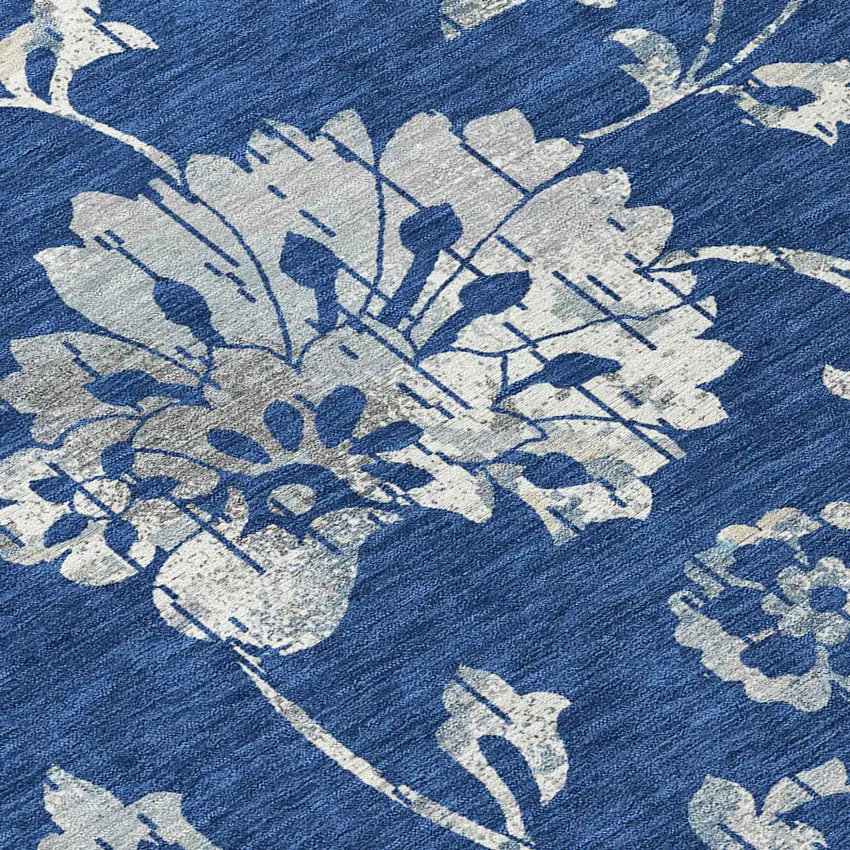 Navy Blue And Gray Floral Washable Indoor Outdoor Area Rug Photo 8
