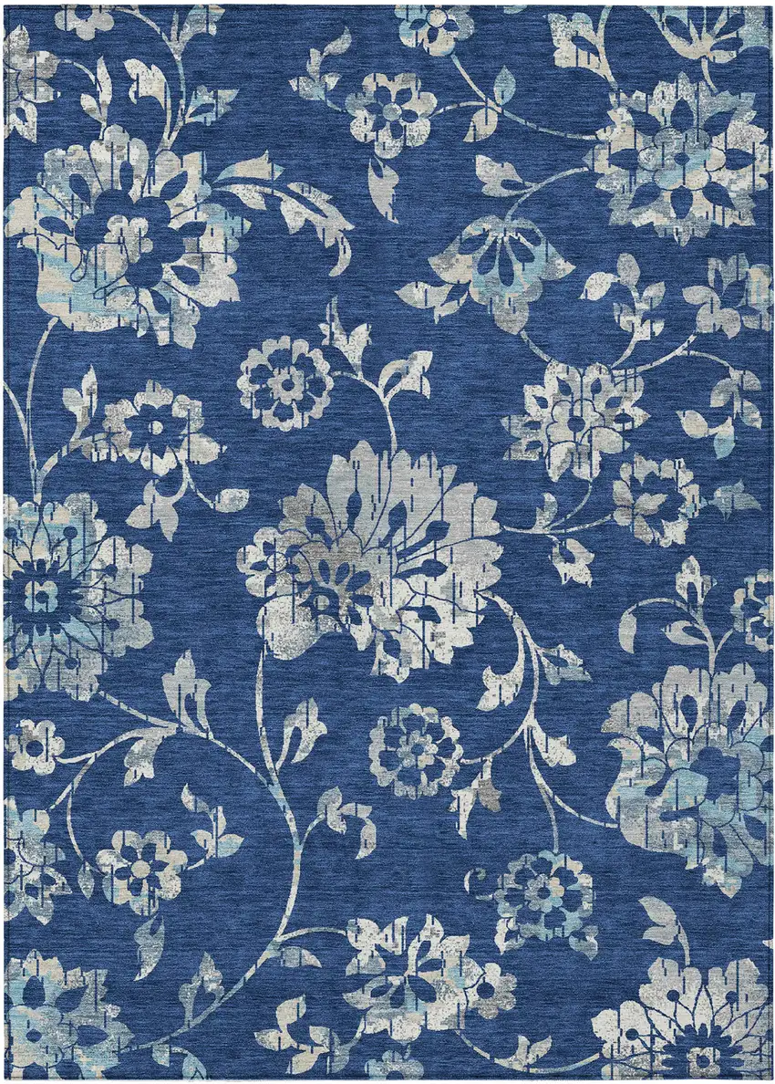 Navy Blue And Gray Floral Washable Indoor Outdoor Area Rug Photo 2