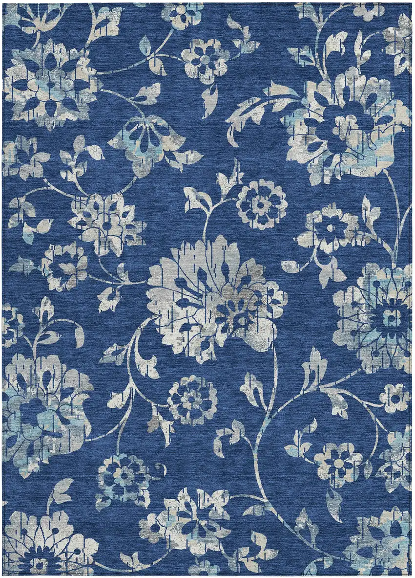 Navy Blue And Gray Floral Washable Indoor Outdoor Area Rug Photo 7