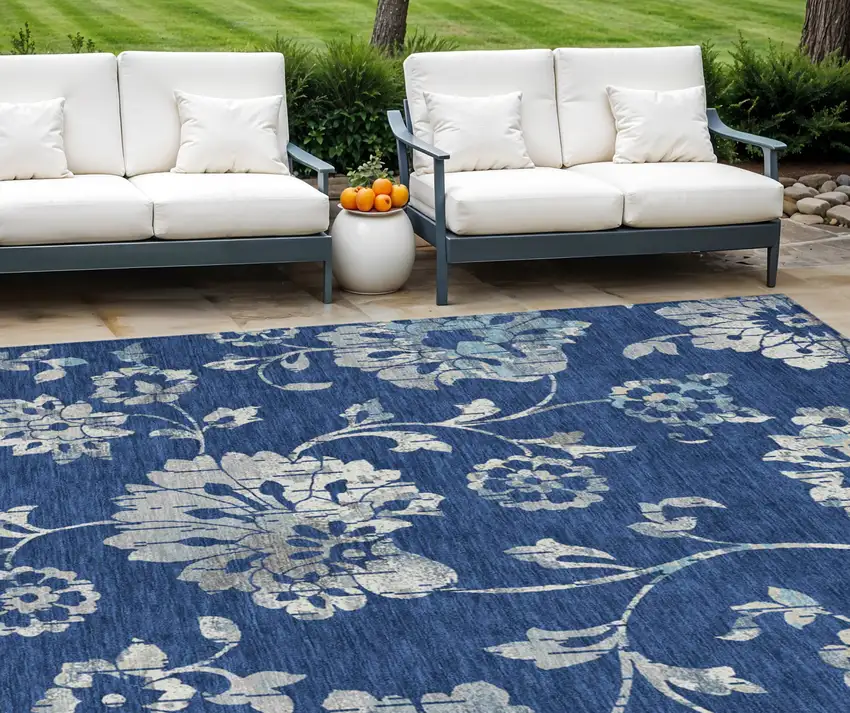 Navy Blue And Gray Floral Washable Indoor Outdoor Area Rug Photo 1