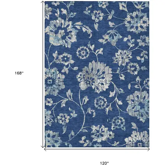 Navy Blue And Gray Floral Washable Indoor Outdoor Area Rug Photo 7