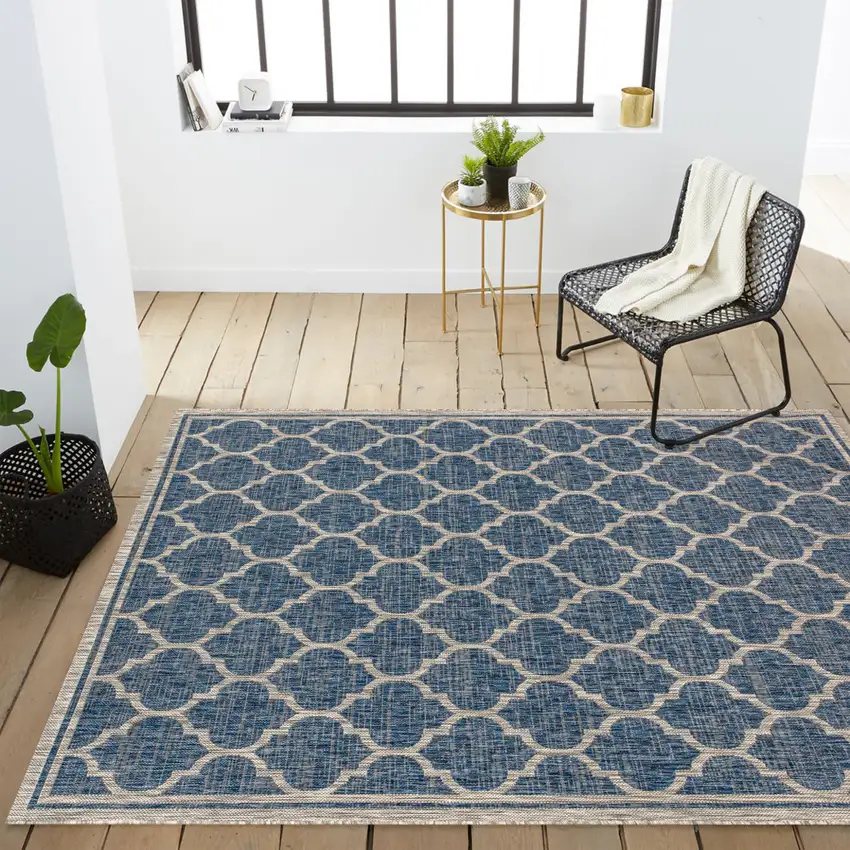 Navy Blue And Gray Geometric Indoor Outdoor Area Rug Photo 9