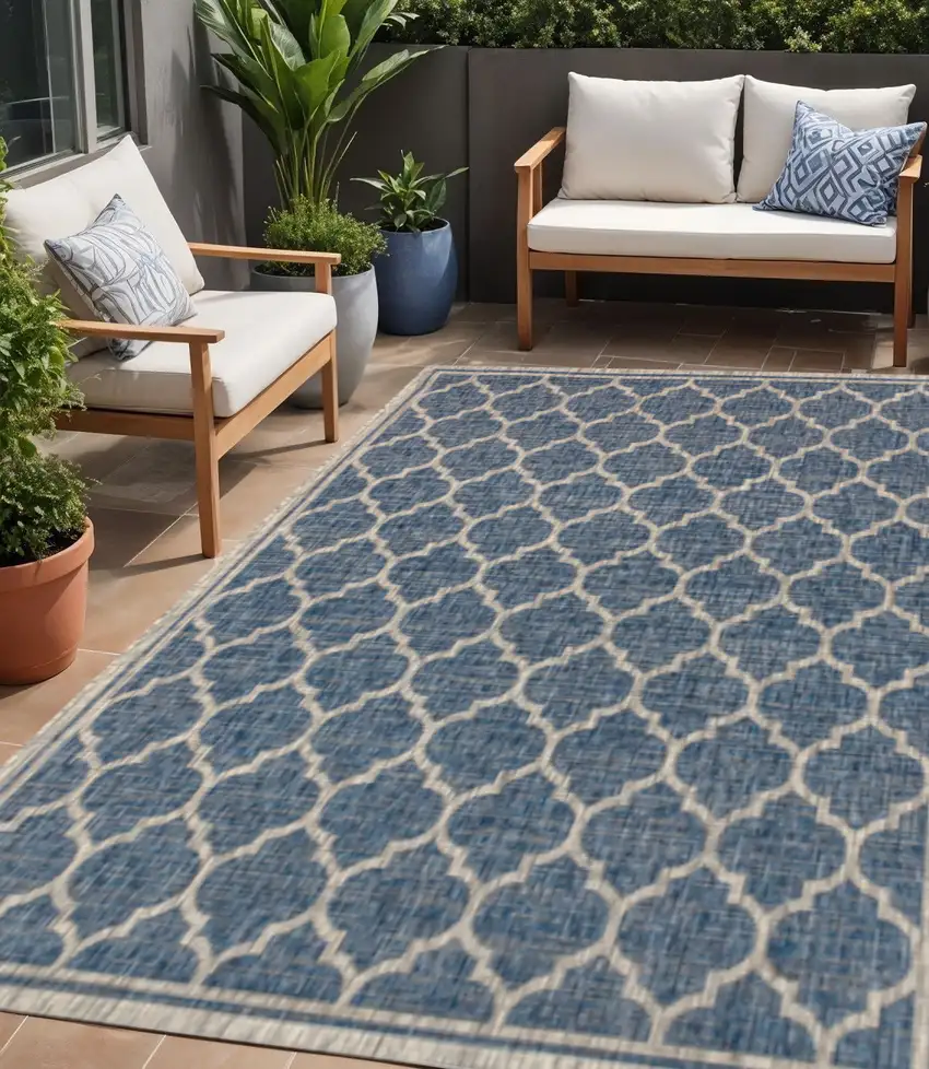 Navy Blue And Gray Geometric Indoor Outdoor Area Rug Photo 1