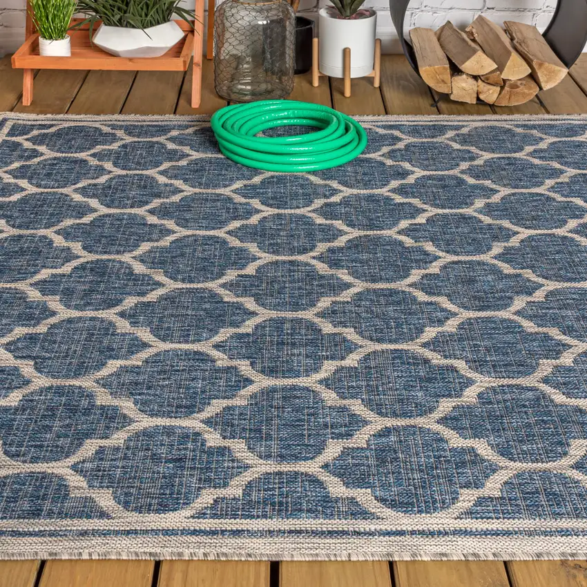 Navy Blue And Gray Geometric Indoor Outdoor Area Rug Photo 7