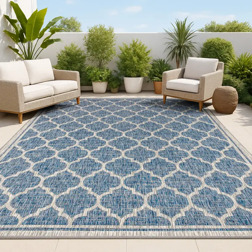 Navy Blue And Gray Geometric Indoor Outdoor Area Rug Photo 4