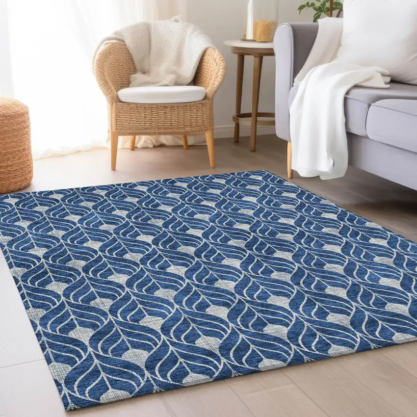 Navy Blue And Gray Geometric Washable Area Rug With UV Protection Photo 4