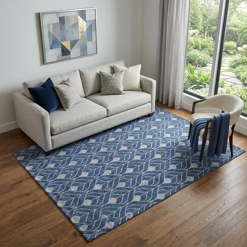 Navy Blue And Gray Geometric Washable Area Rug With UV Protection Photo 1