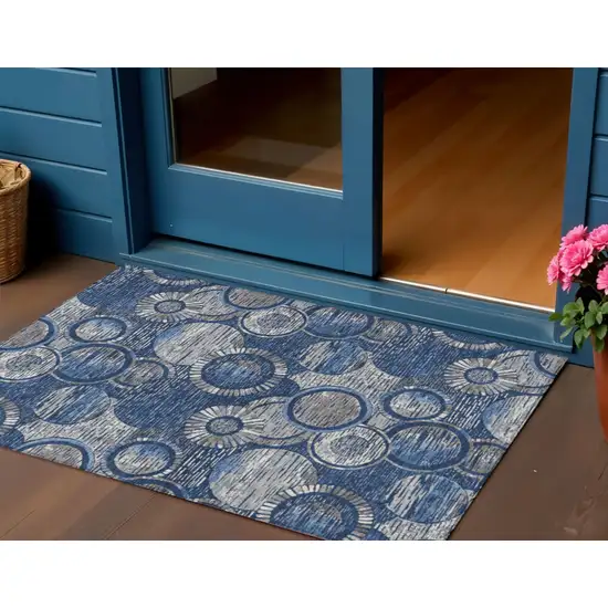 Navy Blue And Gray Geometric Washable Indoor Outdoor Area Rug Photo 2