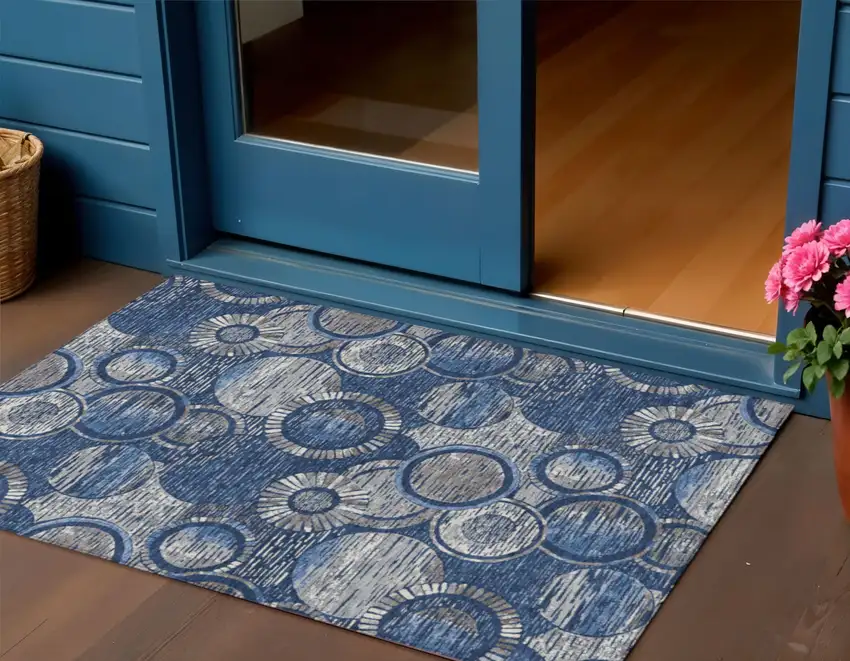 Navy Blue And Gray Geometric Washable Indoor Outdoor Area Rug Photo 2