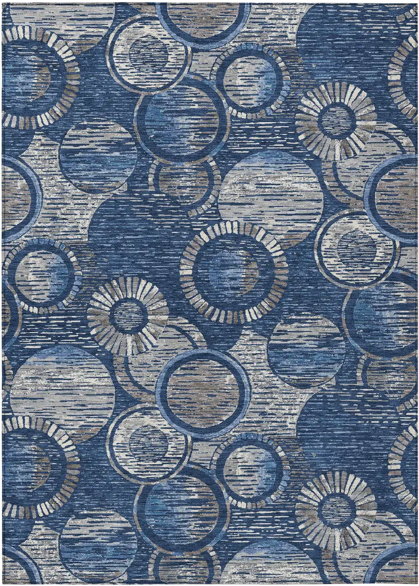 Navy Blue And Gray Geometric Washable Indoor Outdoor Area Rug Photo 1
