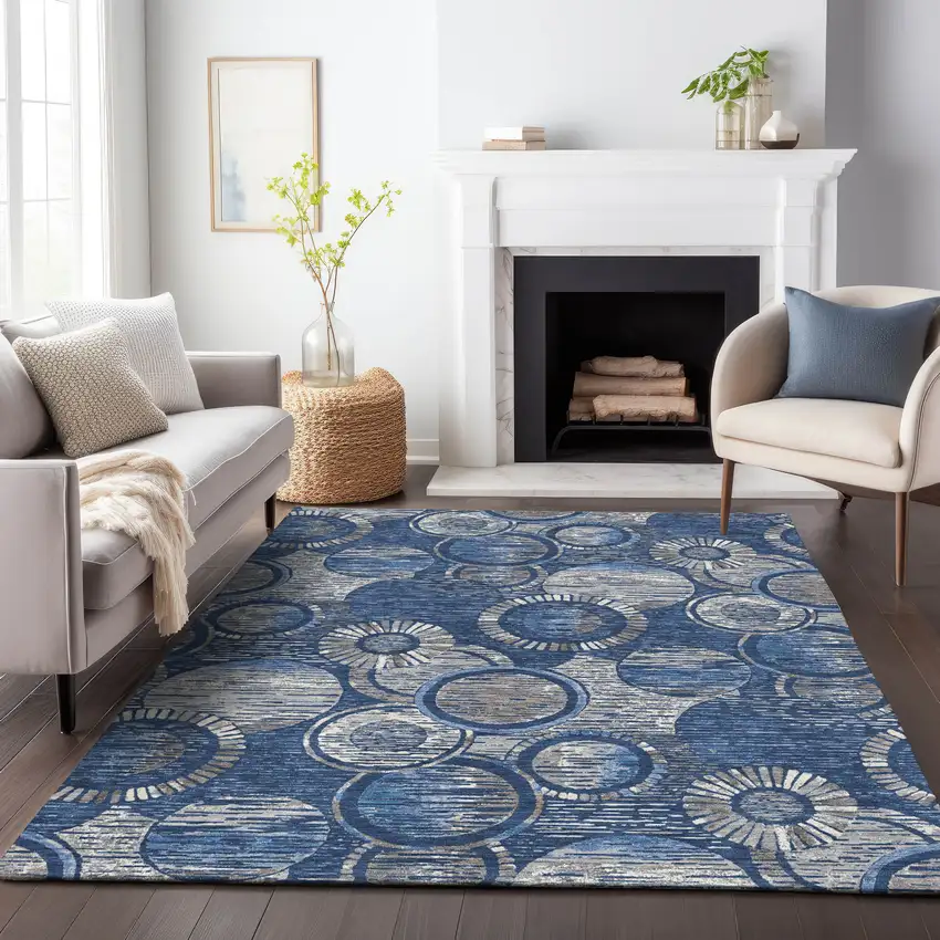 Navy Blue And Gray Geometric Washable Indoor Outdoor Area Rug Photo 9