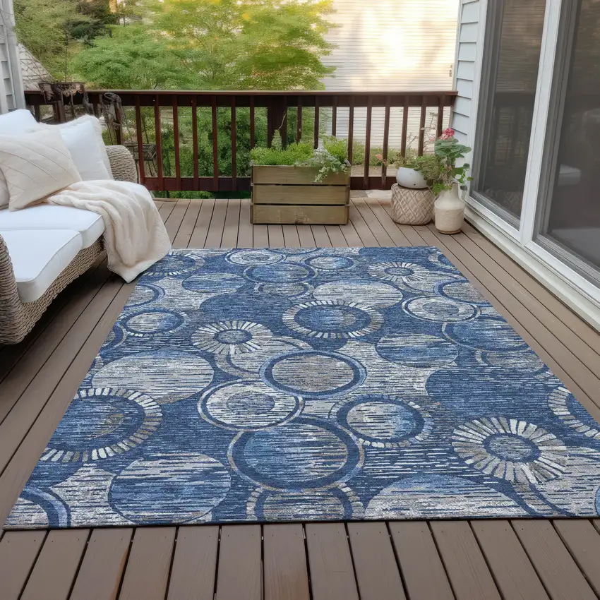 Navy Blue And Gray Geometric Washable Indoor Outdoor Area Rug Photo 7