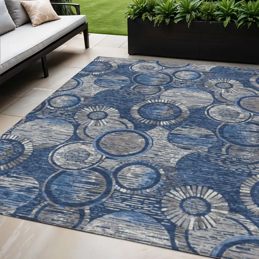 Navy Blue And Gray Geometric Washable Indoor Outdoor Area Rug Photo 2